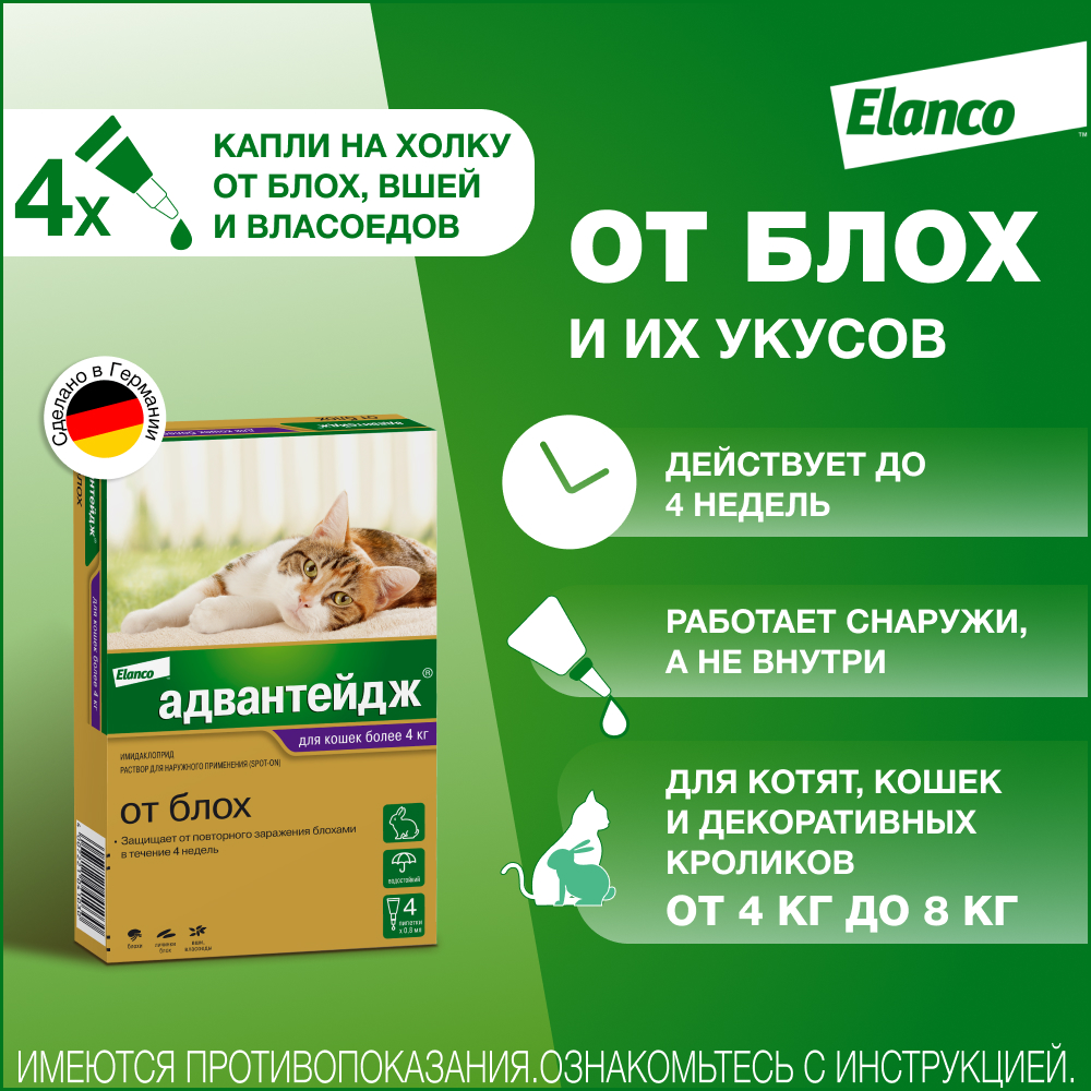 Advantage 80 капли инсектицидные для кошек от 4 кг, 4 пипетки
