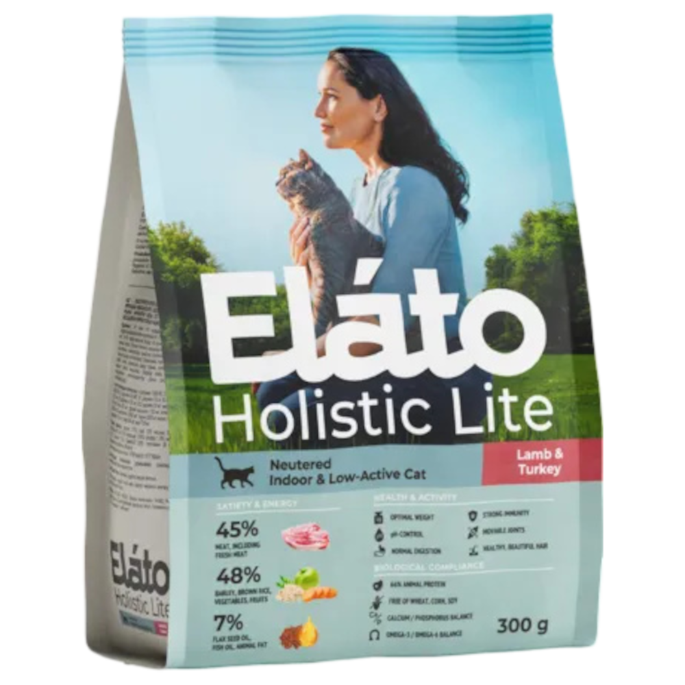 Сухой корм Elato (Элато) Holistic Lite для кастрированных и стерилизованных кошек, ягненок с индейкой, 300 г<