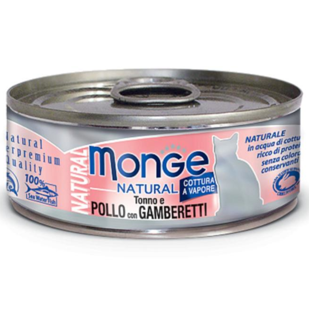 Monge Cat консервы для взрослых кошек, тунец с курицей и креветками, Natural, 80 г<
