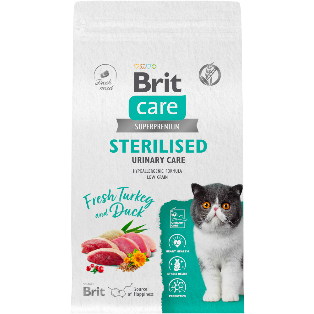 Brit Care сухой корм для стерилизованных кошек, Профилактика МКБ, индейка с уткой, 400 г<