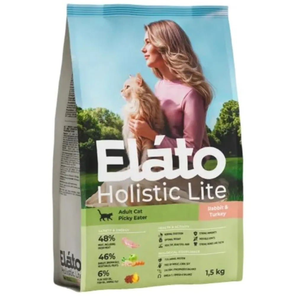 Сухой корм Elato (Элато) Holistic Lite для привередливых кошек, кролик с индейкой, 1,5 кг<