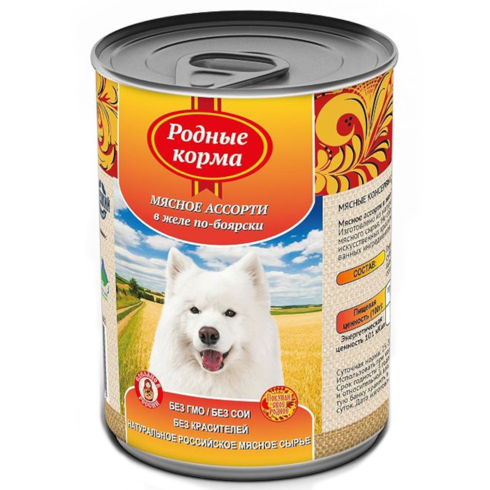 Родные Корма консервы для собак, мясное ассорти в желе по Боярски, 410 г<