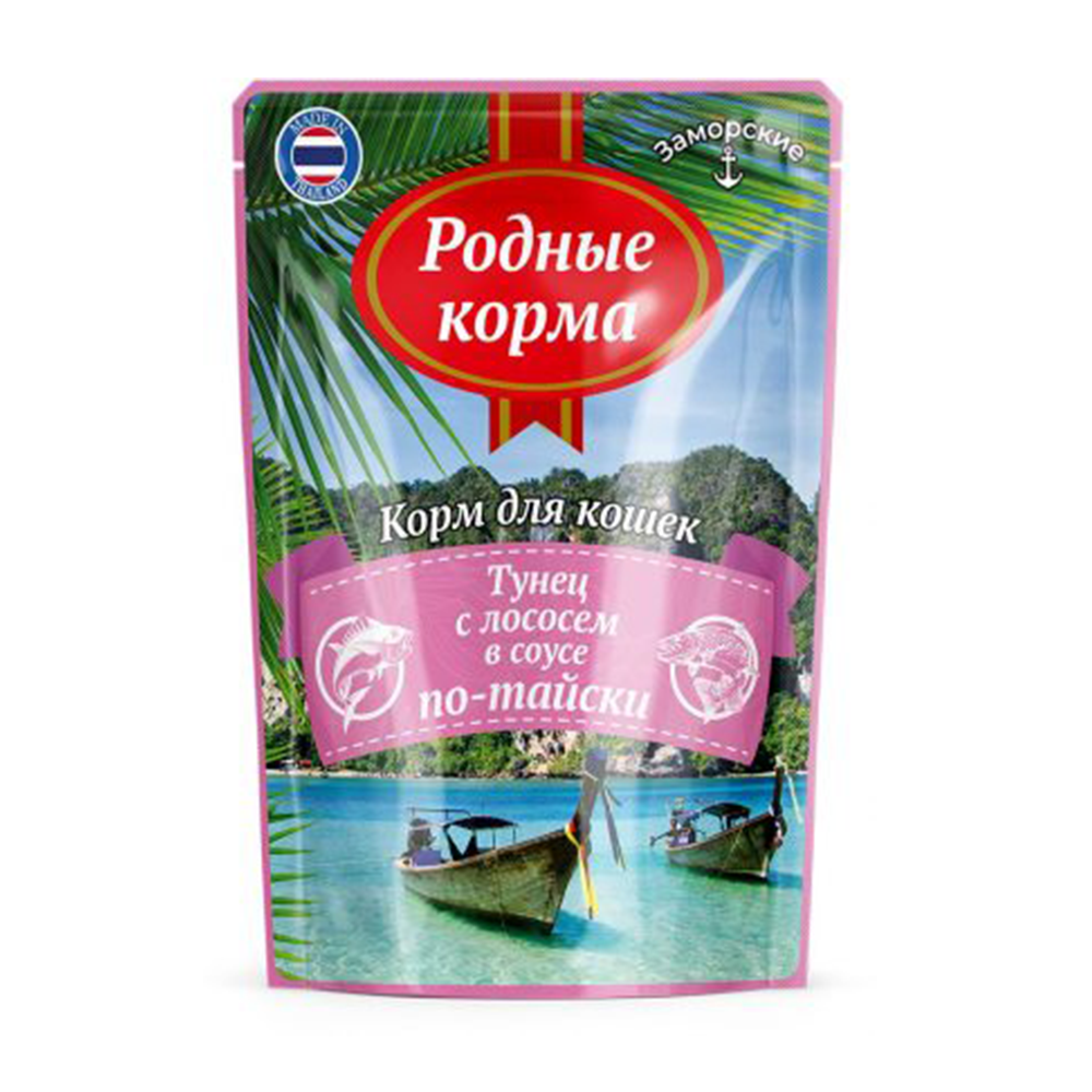 Родные Корма Заморские консервы для кошек, тунец с лососем в соусе по-тайски, 70 г<
