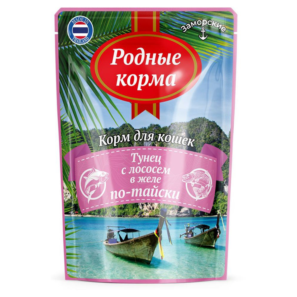 Родные Корма Заморские консервы для кошек, тунец с лососем в желе по-тайски, 70 г<