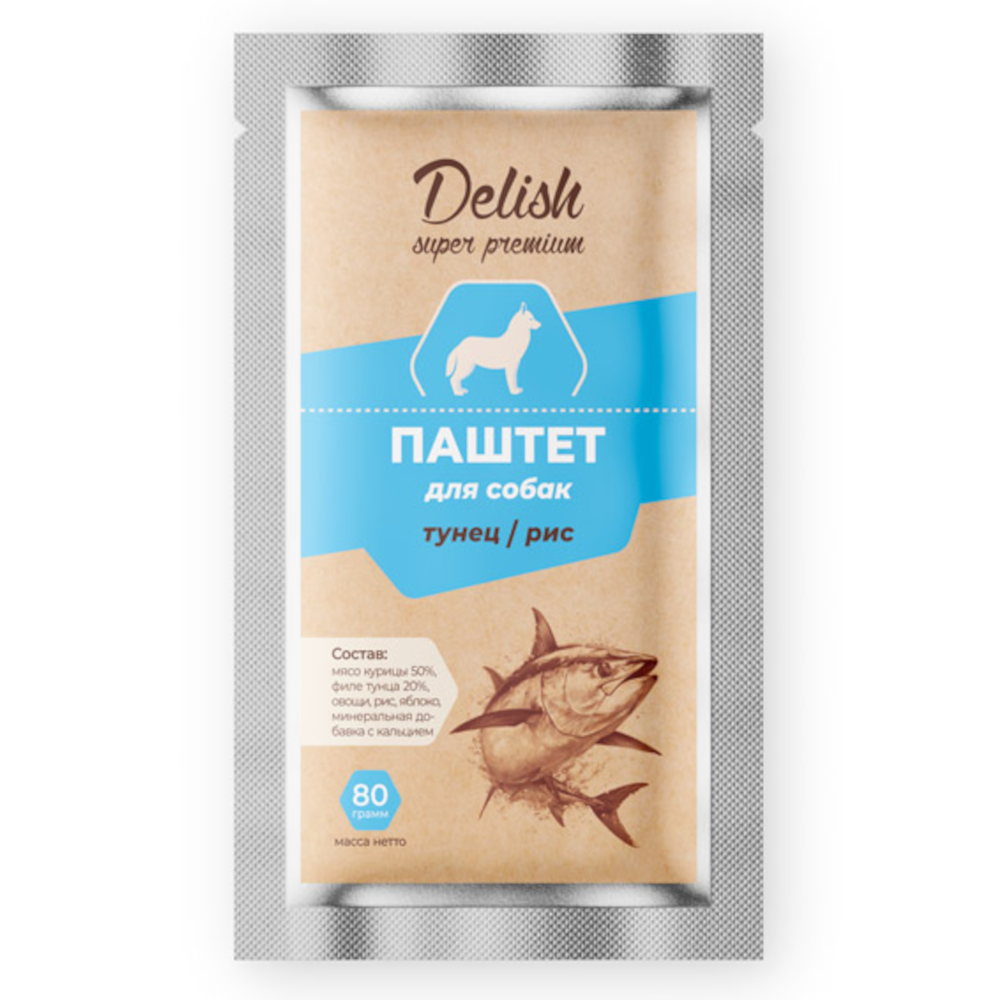 Delish Super Premium консервы для собак, паштет с тунцом и рисом, 80 г<