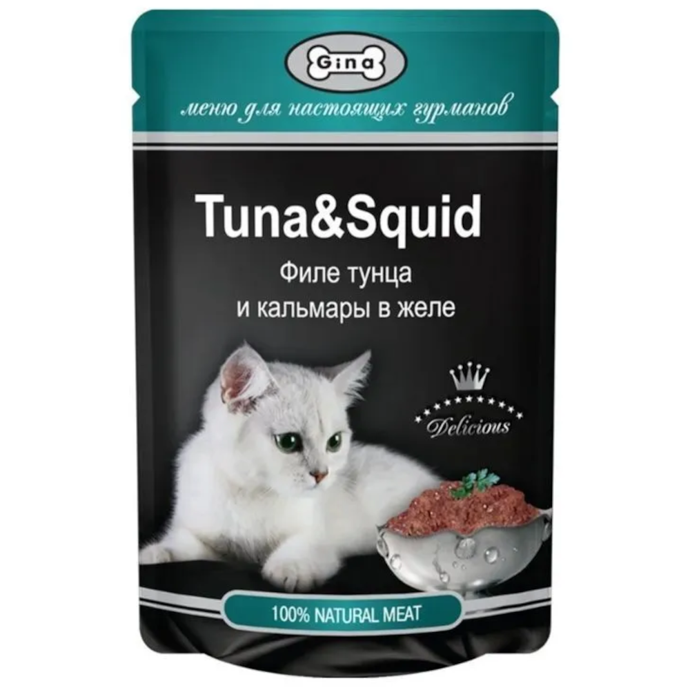Gina Cat консервы для кошек, тунец и кальмары в желе, 85 г<