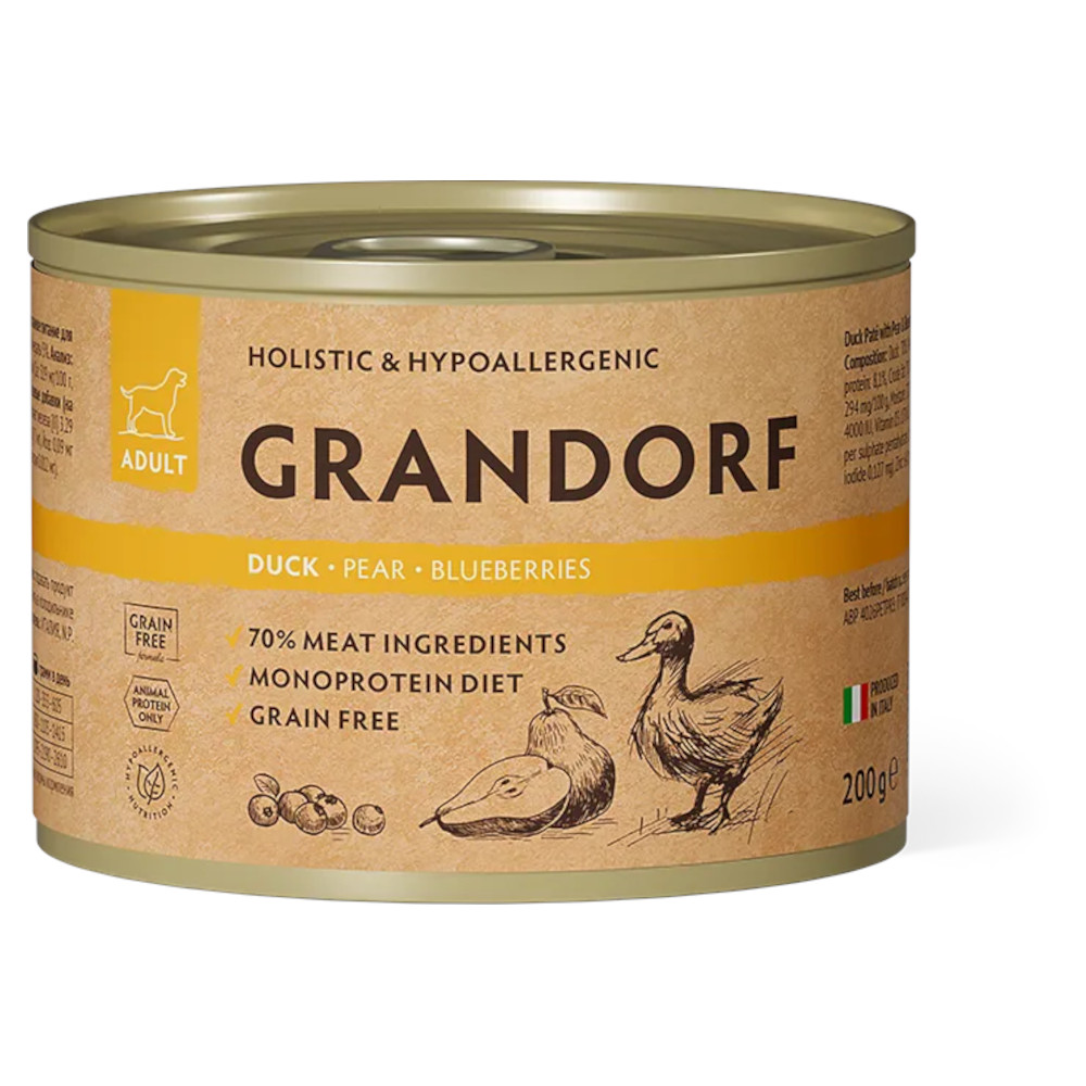 Grandorf консервы для собак, паштет из утки с грушей и черникой, 200 г<